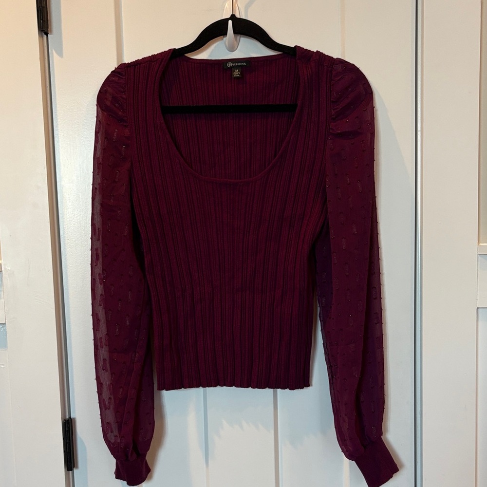 Versona - Derp Plum Ribbed Blouse with Sheer Sleeves